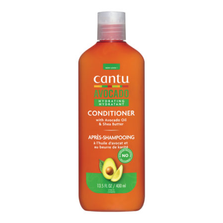 L'après-shampoing hydratant à l'avocat Cantu 400 ml est présenté dans un contenant orange avec une étiquette verte avocat, proposant « Après-shampoing hydratant à l'huile d'avocat et au beurre de karité » et contient 13,5 FL OZ / 400 ml. Dakar