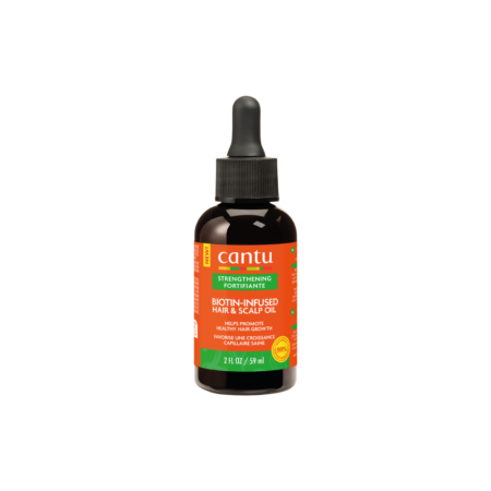 Un flacon de 2 fl oz (59 ml) d'Huile fortifiante Cantu avec Purepousse Élixir Pousse, doté d'une étiquette orange, d'un bouchon compte-gouttes noir et d'un texte aux accents verts soulignant ses bienfaits pour des cheveux sains. Dakar