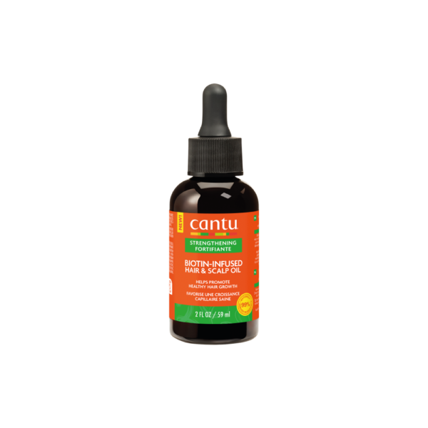 Un flacon de 2 fl oz (59 ml) d'Huile fortifiante Cantu avec Purepousse Élixir Pousse, doté d'une étiquette orange, d'un bouchon compte-gouttes noir et d'un texte aux accents verts soulignant ses bienfaits pour des cheveux sains. Dakar