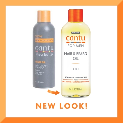 Deux flacons de la COLLECTION HOMME CANTU sont présentés. Celui de gauche est une huile à barbe au beurre de karité Cantu gris foncé, tandis que celui de droite, baptisé « Huile pour cheveux et barbe Cantu for Men », arbore un design blanc élégant avec un bouchon orange et propose l'Huile Apaisante et Pousse Barbe pour un look rafraîchissant. Dakar