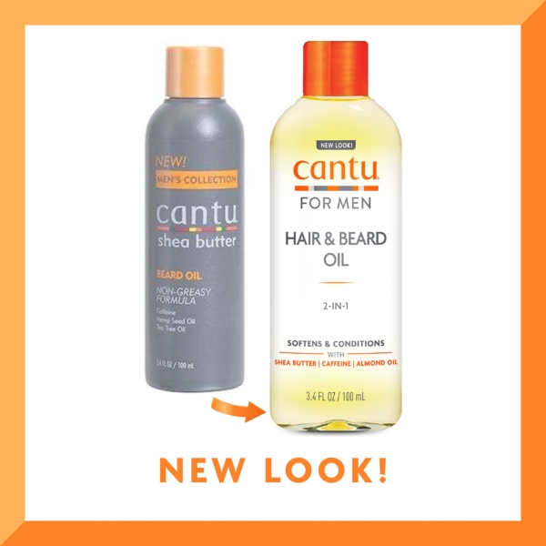 Deux flacons de la COLLECTION HOMME CANTU sont présentés. Celui de gauche est une huile à barbe au beurre de karité Cantu gris foncé, tandis que celui de droite, baptisé « Huile pour cheveux et barbe Cantu for Men », arbore un design blanc élégant avec un bouchon orange et propose l'Huile Apaisante et Pousse Barbe pour un look rafraîchissant. Dakar