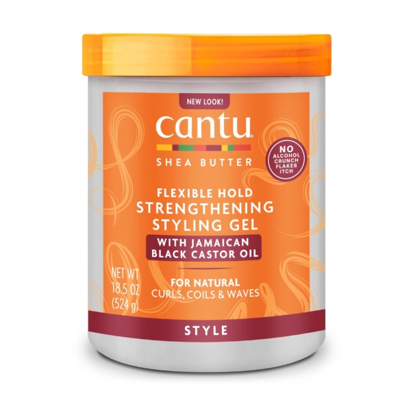 Un pot de 524 g de gel coiffant et fixant au beurre de karité Cantu, à l'huile de ricin noir de Jamaïque, pour des boucles, des ondulations et des frisottis naturels. Il est doté d'un couvercle à vis orange et d'une étiquette orange-blanc. Dakar