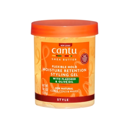 Un pot de 524 g de gel coiffant au beurre de karité Cantu Moisture Retention Styling Gel, pour boucles, spirales et ondulations naturelles ; récipient orange avec un couvercle assorti et un texte blanc/jaune. Dakar