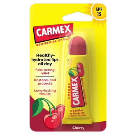 Carmex Baume à Lèvres Spf15 CERISE 10 g se présente sous la forme d'un tube jaune avec un bouchon rouge et des graphismes en forme de cerise. Il promet un soulagement à action rapide, une hydratation et une hydratation de longue durée pour vos lèvres. Dakar