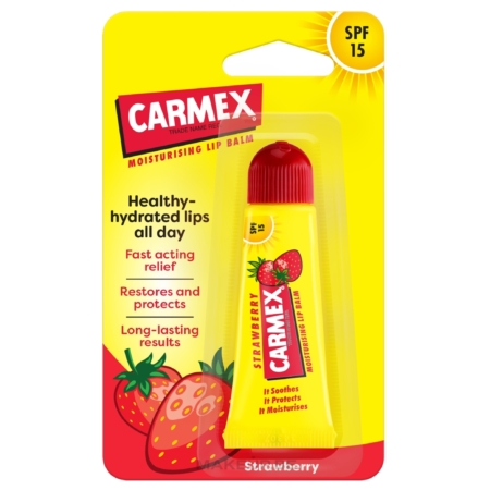 Le Carmex Baume à Lèvres SPF15 FRAISE 10g est présenté dans un emballage jaune avec des fraises et met en valeur le SPF 15, l'hydratation, le soulagement durable et la protection. Dakar