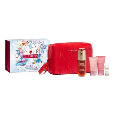Le Coffret Programme Double Sérum ET Multi Active Anti Age de Clarins comprend un coffret décoratif, une trousse de toilette au motif étoile rouge, un flacon Double Sérum et trois tubes de soins. Dakar