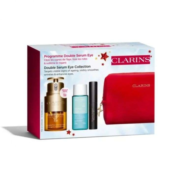 Le coffret de soins CLARINS ETUI SÉRUM DOUBLE YEUX, comprenant le Double Sérum Yeux et d'autres produits essentiels, est présenté dans un coffret blanc immaculé, avec texte et images des produits bilingues. Il est accompagné d'une élégante trousse de maquillage rouge Clarins. Dakar