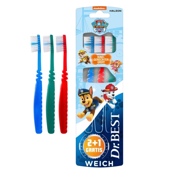 Lot de trois brosses à dents Dr. Best sur le thème de la Pat' Patrouille pour enfants. L'ensemble comprend des brosses à dents rouges, bleues et vertes, chacune avec un manche ondulé. L'emballage présente des personnages de dessins animés et un texte indiquant une offre gratuite 2+1. Dakar