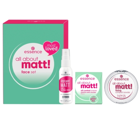 Le Coffret Cadeau "All About Matt" 3 Pièces d'Essence Cosmetics comprend un spray fixateur, un papier de contrôle de l'huile de thé vert et une poudre compacte fixatrice. Il est présenté dans un charmant emballage rose et vert d'eau avec un texte blanc impeccable, idéal pour les fans d'une finition mate. Dakar