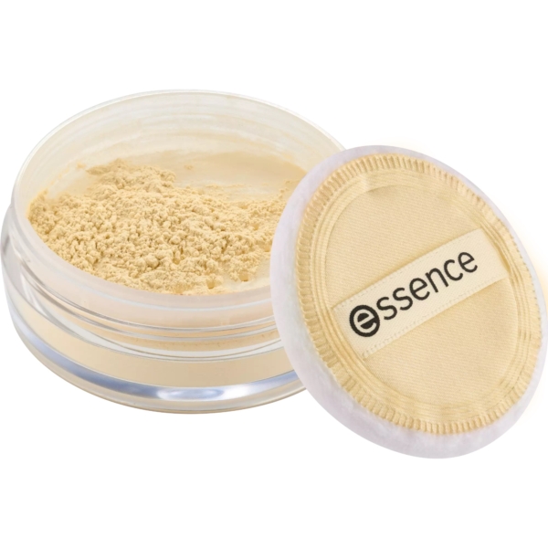 Le contenant rond et transparent de la Poudre Libre Jaune Tendre BANANA LOOSE POWDER d'Essence Cosmetics contient une poudre beige légère et crémeuse. Le couvercle ouvert présente une houppette douce avec le mot « essence » en lettres noires audacieuses, prête à parfaire votre teint. Dakar