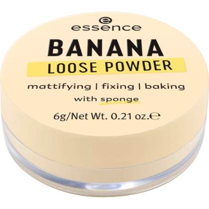 La Poudre Libre Jaune Tendre + Éponge intégrée Essence Cosmetics BANANA LOOSE POWDER, d'un poids de 6g, est présentée dans un contenant rond au couvercle beige affichant "BANANA LOOSE POWDER" et le texte "matifiant | fixateur | cuisson à l'éponge". Dakar