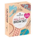 L'image montre une boîte de « Essence Cosmetics Coffret Easy AND Wow Brow Coffret Maquillage Yeux 3 Pièces » dans une teinte claire, avec des motifs abstraits colorés et un badge rose « le plus aimé » dans le coin supérieur droit. Dakar