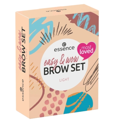 L'image montre une boîte de « Essence Cosmetics Coffret Easy AND Wow Brow Coffret Maquillage Yeux 3 Pièces » dans une teinte claire, avec des motifs abstraits colorés et un badge rose « le plus aimé » dans le coin supérieur droit. Dakar