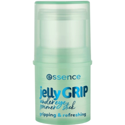 Un tube vert clair d'Essence Cosmetics Primer Stick Anti Cernes Jelly Grip, étiqueté « adhérent et rafraîchissant », parfait pour le rajeunissement du contour des yeux. Dakar