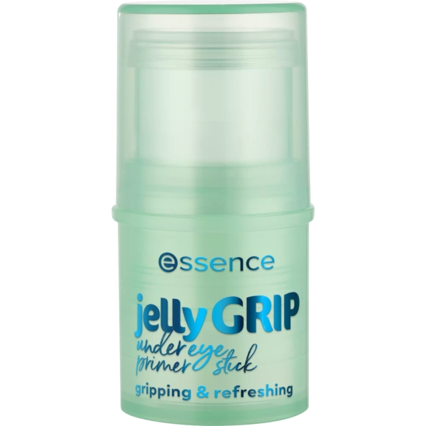 Un tube vert clair d'Essence Cosmetics Primer Stick Anti Cernes Jelly Grip, étiqueté « adhérent et rafraîchissant », parfait pour le rajeunissement du contour des yeux. Dakar