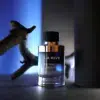 Un flacon d'eau de toilette « La Rive Extreme Story » repose sur une surface sombre, éclairée par une lueur bleue. Le flacon cylindrique a un bouchon argenté et une branche floue apparaît à l'arrière-plan. La scène est sombre et dramatique. Dakar