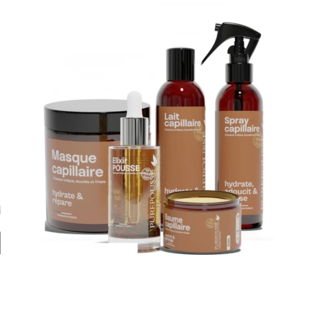 La collection Purepousse Gamme est présentée avec un masque capillaire, un élixir de croissance, un lait capillaire, un spray et un baume. Chaque produit présente un design marron et un texte français mettant l'accent sur les bienfaits hydratants et réparateurs. L'ensemble comprend le Purepousse Gamme Elixir Pousse. Dakar