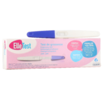Le coffret « Gilbert Test de Grossesse Fiable ElleTest 1 Pièce » est doté d'un texte multilingue, mettant en avant un taux de fiabilité de 99 %. Il comporte une image de test bleue et blanche à gauche et le logo du Laboratoire Gilbert à droite, soulignant la simplicité. Dakar