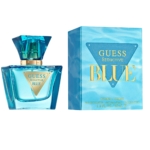 L'Eau de Toilette Femme Guess Seductive Blue for Women de 30 ml présente un flacon en verre bleu et une boîte assortie, tous deux avec des motifs géométriques, des accents dorés et des lettres audacieuses, incarnant la sophistication. Dakar