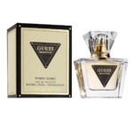 Un coffret et un flacon Guess Seductive Eau de Toilette Femme 30 ml sont présentés avec élégance. Le coffret présente des tons beiges avec des détails noirs et dorés, tandis que le flacon transparent est doté d'un bouchon doré. L'étiquette indique « Women/Femme, Natural Spray, 1,0 FL OZ / 30 mL ». Dakar