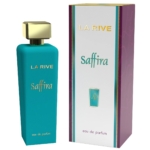 Un flacon de parfum bleu sarcelle étiqueté « LA RIVE Saffira » avec un bouchon doré se trouve à côté de sa boîte assortie. La boîte est bleu sarcelle et violette, avec des accents et un texte dorés. Les deux articles sont marqués « eau de parfum ». Dakar