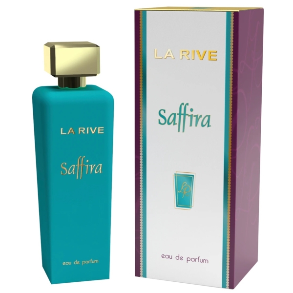 Un flacon de parfum bleu sarcelle étiqueté « LA RIVE Saffira » avec un bouchon doré se trouve à côté de sa boîte assortie. La boîte est bleu sarcelle et violette, avec des accents et un texte dorés. Les deux articles sont marqués « eau de parfum ». Dakar