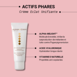 Un tube de crème étiqueté « Nuhanciam Crème Éclat Unifiante » est centré sur un fond rose. Le texte met en évidence les ingrédients clés : Alpha-Melight, acide hyaluronique et vitamine E, soulignant les avantages tels que le contrôle de la mélanine, l'hydratation et les propriétés antioxydantes. Dakar