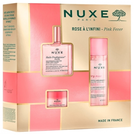 Le Coffret Cadeau Rose à l'Infini 3 Pièces de Nuxe est doté d'un emballage rose et or « Pink Fever » et comprend l'Huile Prodigieuse, l'eau micellaire Very Rose et un petit pot de crème. Fabriqué en France pour un plaisir luxueux. Dakar