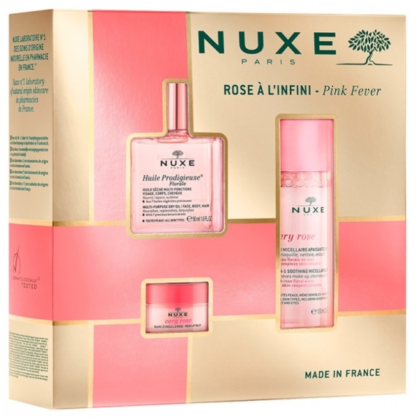 Le Coffret Cadeau Rose à l'Infini 3 Pièces de Nuxe est doté d'un emballage rose et or « Pink Fever » et comprend l'Huile Prodigieuse, l'eau micellaire Very Rose et un petit pot de crème. Fabriqué en France pour un plaisir luxueux. Dakar