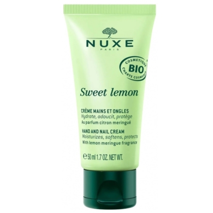 Un tube vert de Crème Mains et Ongles Bio Nuxe Sweet Lemon 50 ml avec des étiquettes en français et en anglais offre des bienfaits hydratants, adoucissants et protecteurs. Il présente un logo bio avec un parfum de meringue au citron, disponible en format 50 ml ou 1,7 oz. Dakar