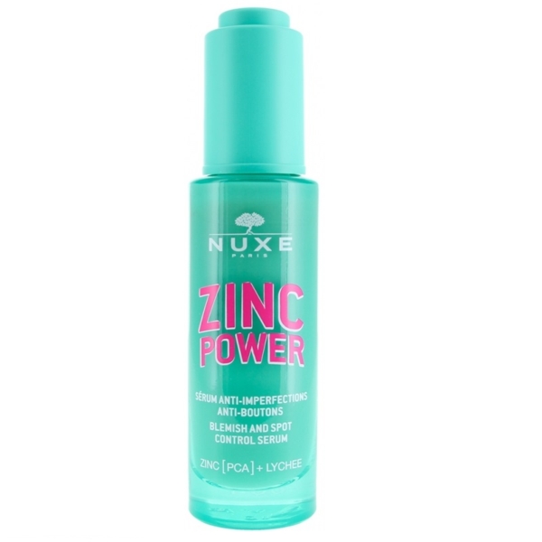 Un sérum Nuxe Zinc Power Anti-Imperfections turquoise avec une pompe, étiqueté « Anti-Imperfections » et « Sérum anti-imperfections et anti-taches », contient « Zinc [PCA] + Litchi ». Dakar