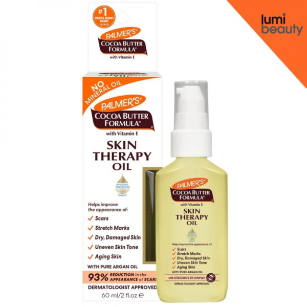 Un flacon et une boîte de Palmers Skin Therapy Oil - Huile réparatrice pour le corps 150 ml mettent en valeur les bienfaits pour les cicatrices, les vergetures et la peau sèche. L'emballage comprend un distributeur à pompe sur fond blanc avec le logo Lumi Beauty. Dakar