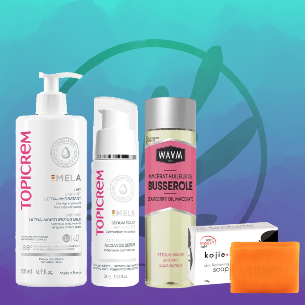 Une variété de produits de soins de la peau coréens de routine ANTI TACHES et ANTI AGE sont présentés sur un fond bleu sarcelle, avec des bouteilles blanches élégantes et un emballage de savon orange vif. Dakar