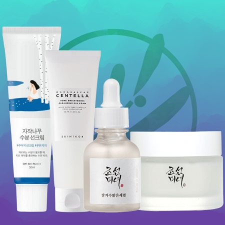 Sur un fond bleu et bleu sarcelle, quatre produits de routine de soins de la peau ANTI IMPERFECTIONS sont présentés : un tube de crème solaire, une mousse nettoyante, un flacon compte-gouttes et un pot, avec du texte coréen et anglais sur les étiquettes. Dakar