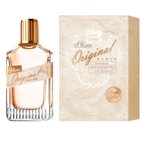 Une Eau de Parfum Femme S Oliver Original de 30 ml est élégamment présentée à côté de sa boîte beige et blanche, dotée d'une surface texturée avec un capuchon doré. La boîte présente des motifs ornés avec la marque « S Oliver Original Eau de Parfum » en polices cursives et serif. Dakar