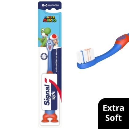 La Brosse à Dents Enfants Ultra Doux Signal est une brosse à dents sur le thème de Super Mario pour les enfants de 0 à 6 ans, avec des images de personnages. Elle est de couleur bleue avec des poils blancs et un manche rouge. Rendez le brossage amusant avec Signal !. Dakar