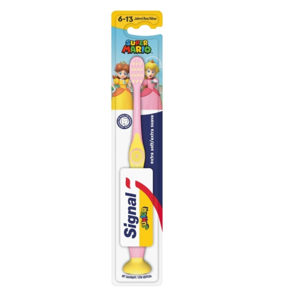La Brosse à Dents Signal Enfants Junior pour les 6-13 ans présente un thème « Super Mario » rose et jaune, mettant en vedette Mario, la princesse Peach et Donkey Kong. Avec des poils doux, elle arbore un design amusant rappelant la Brosse à Dent Kinder de Dr Best. Dakar