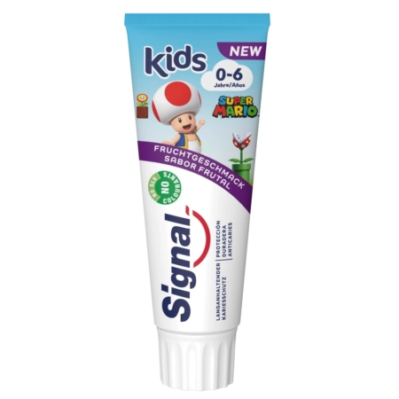 Le Signal Dentifrice Enfant 0 à 6 ans Saveurs Fruits Kinder est un dentifrice de 75 ml à l'effigie de Super Mario, offrant une expérience de brossage amusante pour les jeunes enfants grâce à sa saveur fruitée. L'emballage bleu et blanc, mis en valeur par des graphismes colorés, capture l'essence ludique du Signal Dentifrice Blancheur. Dakar