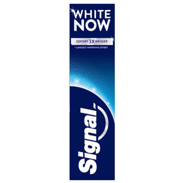 Emballage bleu et blanc du dentifrice Signal, étiqueté « White Now » avec promesse d'un blanchiment immédiat 3x. La boîte présente un design dégradé avec du texte blanc et un effet scintillant sur le dessus. Dakar