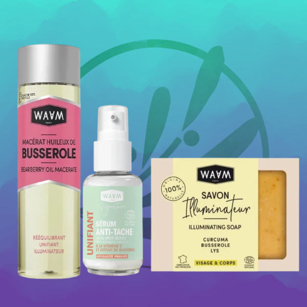 Découvrez le coffret Waam Trio Illuminateur Unifiant et Anti Taches Visage et Corps, composé d'un macérât huileux de busserole, d'un sérum en flacon pompe et d'un savon illuminateur en boîte étiquetée, le tout sur un fond dégradé bleu et violet apaisant. Dakar
