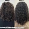 Comparaison de cheveux bouclés : L'image « Avant » montre des boucles sèches et crépues, tandis que l'image « Après » présente des boucles brillantes et définies après avoir utilisé Waam Trio Huiles Spéciales Pousse des Cheveux pendant 3 mois. Dakar