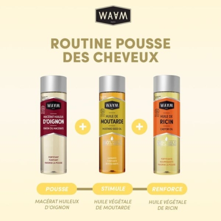 Le Trio Waam Huiles Spéciales Pousse des Cheveux comprend de l'huile d'oignon pour la croissance, de l'huile de graines de moutarde pour stimuler et de l'huile de ricin pour renforcer, chaque bienfait étant clairement indiqué au-dessus de son flacon respectif. Dakar
