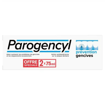 Image d'un emballage de dentifrice Parogencyl avec « Prévention Gencives » pour le soin des gencives. L'emballage met en avant « Action Antibactérienne » et propose une promotion spéciale de deux tubes de 75 ml. Dakar