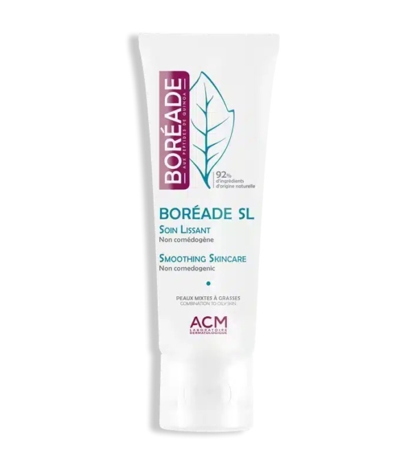 Un tube de Soin Lissant Boréade SL d'ACM Laboratoire Dermatologique, orné d'un motif feuille. Son emballage indique qu'il est non comédogène et composé à 92 % d'ingrédients d'origine naturelle. Dakar
