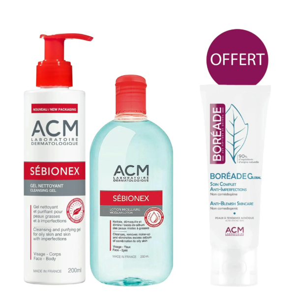 Trois soins ACM : Sébionex Gel Nettoyant en flacon pompe rouge, Sébionex Lotion Micellaire en flacon transparent avec bouchon rouge et Boréade Soin Complet en tube crème étiqueté "OFFERT". Dakar