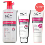 Trois produits de soin ACM Dépiwhite sur fond blanc. De gauche à droite : Lait Corps Éclaircissant (500 ml), Crème Anti-Taches Avancée (40 ml) et Crème de Jour SPF 20 (40 ml). Étiquette « OFFERT » dans un cercle rouge. Dakar