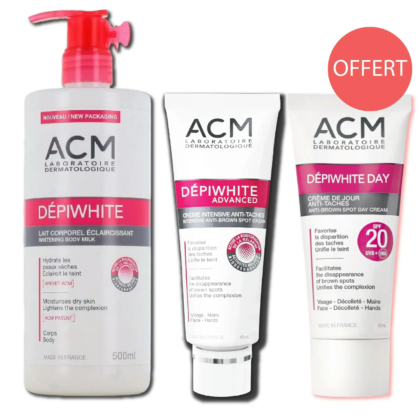 Trois produits de soin ACM Dépiwhite sur fond blanc. De gauche à droite : Lait Corps Éclaircissant (500 ml), Crème Anti-Taches Avancée (40 ml) et Crème de Jour SPF 20 (40 ml). Étiquette « OFFERT » dans un cercle rouge. Dakar