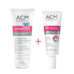 Deux tubes de soins ACM sont présentés. À gauche, la crème protectrice Dépiwhite.M SPF 50+, 40 ml. À droite, la crème intensive anti-taches Dépiwhite Advanced, 40 ml. Les tubes sont blancs avec des touches de bleu et de rouge. Dakar