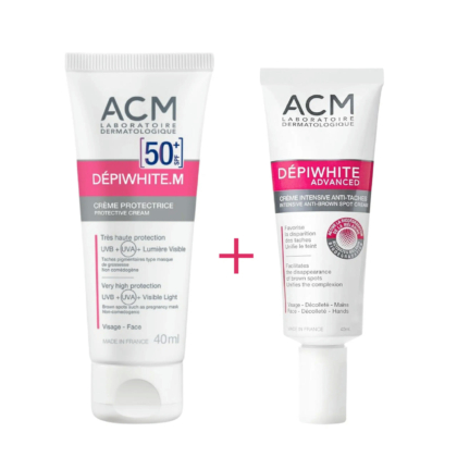 Deux tubes de soins ACM sont présentés. À gauche, la crème protectrice Dépiwhite.M SPF 50+, 40 ml. À droite, la crème intensive anti-taches Dépiwhite Advanced, 40 ml. Les tubes sont blancs avec des touches de bleu et de rouge. Dakar