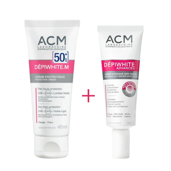 Deux tubes de soins ACM sont présentés. À gauche, la crème protectrice Dépiwhite.M SPF 50+, 40 ml. À droite, la crème intensive anti-taches Dépiwhite Advanced, 40 ml. Les tubes sont blancs avec des touches de bleu et de rouge. Dakar